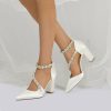 Wedding Shoes | Women’s Wedding Shoes Satin Block Heel Point Toe Wedding Heels Bridal Shoes Rhinestone Elegant Wedding Party Shoes White – Womens