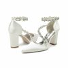 Wedding Shoes | Women’s Wedding Shoes Satin Block Heel Point Toe Wedding Heels Bridal Shoes Rhinestone Elegant Wedding Party Shoes White – Womens