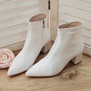 Wedding Shoes | Women’s Wedding Shoes Satin Chunky Heel Block Heel Point Toe Wedding Boots Elegant Wedding Shoes Ivory – Womens