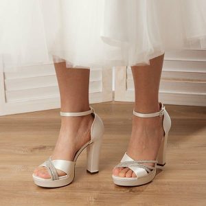 Wedding Shoes | Women’s Wedding Shoes Satin High Heel Platform Block Heel Open Toe Wedding Sandals Bridal Shoes Rhinestone Elegant Party Evening Cocktail Shoes Ivory – Womens