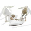 Wedding Shoes | Women’s Wedding Shoes Satin Lace-Up Point Toe Wedding Heels Bridal Shoes Pearl Ribbon Tie High Heel Wedding Party Evening Elegant Shoes White – Womens