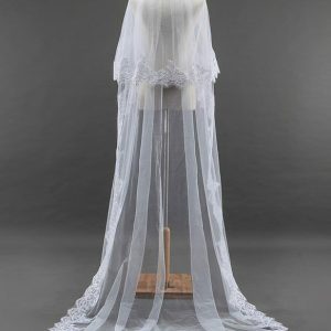 Wedding Veils | Applique Lace Edge Two Tier Tulle Bridal Chapel Length Wedding Veil With Blusher Ivory – Girls