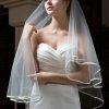 Wedding Veils | Beading Satin Edge Two Tier Tulle Bridal Fingertip Length Wedding Veil With Blusher White – Girls