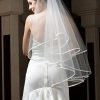 Wedding Veils | Beading Satin Edge Two Tier Tulle Bridal Fingertip Length Wedding Veil With Blusher White – Girls