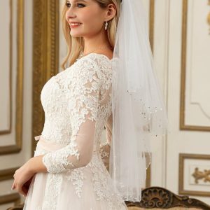 Wedding Veils | Beading/Sequin Beaded Edge Two Tier Tulle Bridal Elbow Length Wedding Veil With Blusher White – Girls