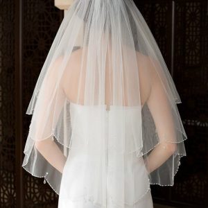 Wedding Veils | Beading/Sequin Beaded Edge Two Tier Tulle Bridal Elbow Length Wedding Veil With Blusher White – Girls