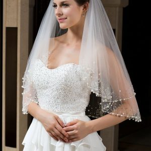 Wedding Veils | Beading/Sequin Beaded Edge Two Tier Tulle Bridal Elbow Length Wedding Veil With Blusher White – Girls