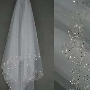 Wedding Veils | Beading/Sequin Beaded Edge Two Tier Tulle Bridal Fingertip Length Wedding Veil With Blusher Ivory – Girls