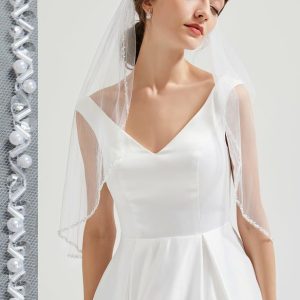 Wedding Veils | Beading/Sequin Pearl Trim Edge Single Tier Tulle Bridal Elbow Length Wedding Veil White – Girls