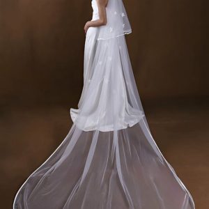 Wedding Veils | Floral Pencil Edge Two Tier Tulle Bridal Chapel Length Wedding Veil With Blusher Ivory – Girls