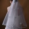 Wedding Veils | Floral Pencil Edge Two Tier Tulle Bridal Chapel Length Wedding Veil With Blusher Ivory – Girls