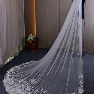 Wedding Veils | Lace Cut Edge Single Tier Tulle Bridal Cathedral Length Wedding Veil White – Girls