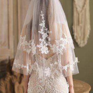 Wedding Veils | Lace Cut Edge Two Tier Tulle Bridal Elbow Length Wedding Veil With Blusher White – Girls