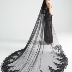 Wedding Veils | Lace Edge Single Tier Tulle Black Cathedral Length Wedding Veil Black – Girls