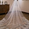 Wedding Veils | Lace Edge Single Tier Tulle Bridal Cathedral Length Wedding Veil Ivory – Girls