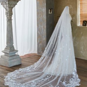 Wedding Veils | Lace Edge Single Tier Tulle Bridal Cathedral Length Wedding Veil White – Girls