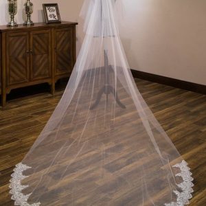 Wedding Veils | Lace Edge Two Tier Tulle Bridal Cathedral Length Wedding Veil With Blusher Ivory – Girls