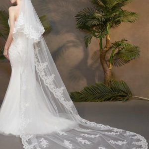 Wedding Veils | Lace Edge Two Tier Tulle Bridal Cathedral Length Wedding Veil With Blusher Ivory – Girls