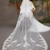 Wedding Veils | Lace Edge Two Tier Tulle Bridal Cathedral Length Wedding Veil With Blusher Ivory – Girls