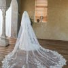 Wedding Veils | Lace Edge Two Tier Tulle Bridal Cathedral Length Wedding Veil With Blusher White – Girls