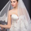 Wedding Veils | Lace Edge Two Tier Tulle Bridal Cathedral Length Wedding Veil With Blusher White – Girls