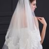 Wedding Veils | Lace Edge Two Tier Tulle Bridal Cathedral Length Wedding Veil With Blusher White – Girls