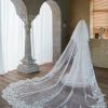 Wedding Veils | Lace Edge Two Tier Tulle Bridal Cathedral Length Wedding Veil With Blusher White – Girls