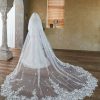 Wedding Veils | Lace Edge Two Tier Tulle Bridal Cathedral Length Wedding Veil With Blusher White – Girls