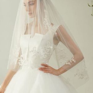 Wedding Veils | Lace Edge Two Tier Tulle Bridal Fingertip Length Wedding Veil With Blusher Ivory – Girls