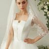 Wedding Veils | Lace Edge Two Tier Tulle Bridal Fingertip Length Wedding Veil With Blusher Ivory – Girls