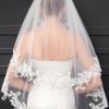 Wedding Veils | Lace Edge Two Tier Tulle Bridal Fingertip Length Wedding Veil With Blusher Ivory – Girls