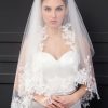 Wedding Veils | Lace Edge Two Tier Tulle Bridal Fingertip Length Wedding Veil With Blusher Ivory – Girls