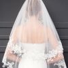 Wedding Veils | Lace Edge Two Tier Tulle Bridal Fingertip Length Wedding Veil With Blusher White – Girls