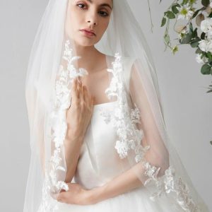 Wedding Veils | Lace Edge Two Tier Tulle Bridal Fingertip Length Wedding Veil With Blusher White – Girls