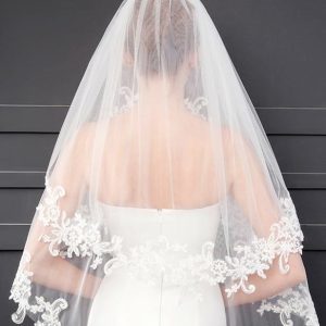 Wedding Veils | Lace Edge Two Tier Tulle Bridal Fingertip Length Wedding Veil With Blusher White – Girls