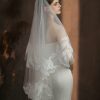 Wedding Veils | Lace Edge Two Tier Tulle Bridal Fingertip Length Wedding Veil With Blusher White – Girls