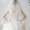 Wedding Veils | Lace Edge Two Tier Tulle Bridal Fingertip Length Wedding Veil With Blusher White – Girls