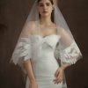 Wedding Veils | Lace Edge Two Tier Tulle Bridal Fingertip Length Wedding Veil With Blusher White – Girls