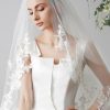 Wedding Veils | Lace Edge Two Tier Tulle Bridal Fingertip Length Wedding Veil With Blusher White – Girls