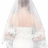 Wedding Veils | Lace Edge Two Tier Tulle Bridal Fingertip Length Wedding Veil With Blusher White – Girls