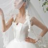 Wedding Veils | Lace Edge Two Tier Tulle Bridal Fingertip Length Wedding Veil With Blusher White – Girls