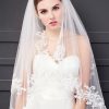 Wedding Veils | Lace Edge Two Tier Tulle Bridal Fingertip Length Wedding Veil With Blusher White – Girls