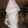 Wedding Veils | Lace Edge Two Tier Tulle Bridal Waltz Length Wedding Veil With Blusher Ivory – Girls