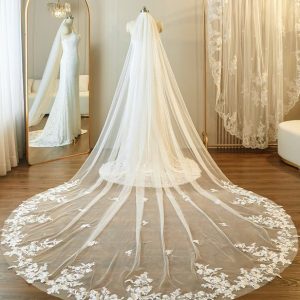 Wedding Veils | Lace Lace Edge Single Tier Tulle Bridal Cathedral Length Wedding Veil Ivory – Girls