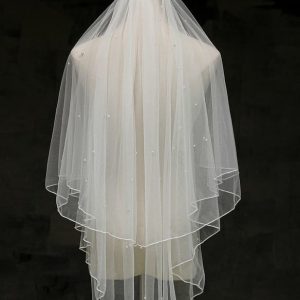 Wedding Veils | Pearl Pencil Edge Two Tier Tulle Bridal Fingertip Length Wedding Veil White – Girls