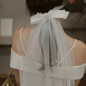 Wedding Veils | Pearl/Bow Cut Edge Single Tier Tulle Bridal Shoulder Length Wedding Veil Ivory – Girls