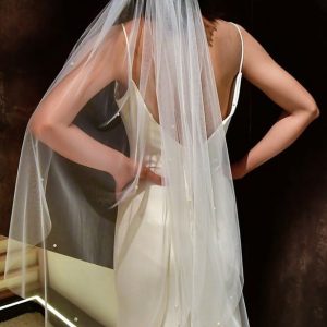 Wedding Veils | Pearl/Floral Cut Edge Single Tier Tulle Bridal Fingertip Length Wedding Veil Ivory – Girls