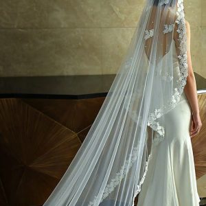 Wedding Veils | Pearl/Lace Cut Edge Single Tier Tulle Bridal Cathedral Length Wedding Veil Ivory – Girls