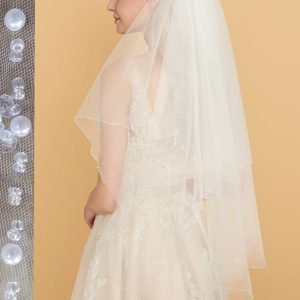 Wedding Veils | Pearl/Sequin Beaded Edge Two Tier Tulle Bridal Fingertip Length Wedding Veil With Blusher Ivory – Girls