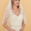 Wedding Veils | Pearl/Sequin Beaded Edge Two Tier Tulle Bridal Fingertip Length Wedding Veil With Blusher Ivory – Girls